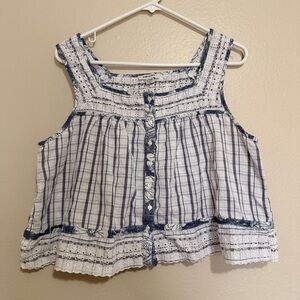 American Eagle Outfitters Blue and White Lace Detail Cropped Tank Top Size XL